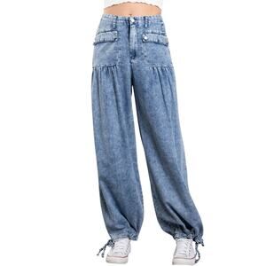 Blue Velvet Wide Leg Jeans Dark Wash Jogger Style Tie Hem Stretch Waist Medium